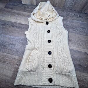 MAREZZI Hooded Cable Knit Sweater Vest M | Cozy Cream Fleece-Lined Button Front